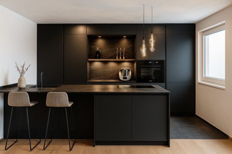 Küche mit schwarzer Front in matt Ausführung, dunkle Natursteinarbeitsplatte