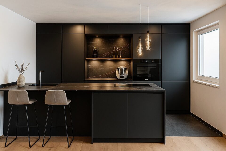 Küche mit schwarzer Front in matt Ausführung, dunkle Natursteinarbeitsplatte